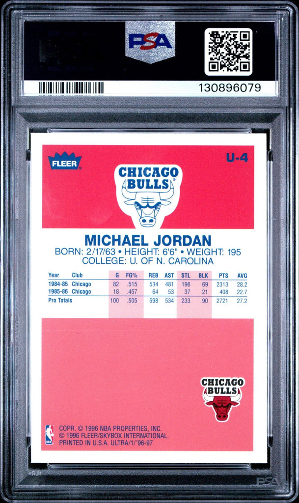 Graded 1996 Fleer Ultra Michael Jordan #U4 Decade of Excellence Rookie Reprint Basketball Card PSA 9 Mint