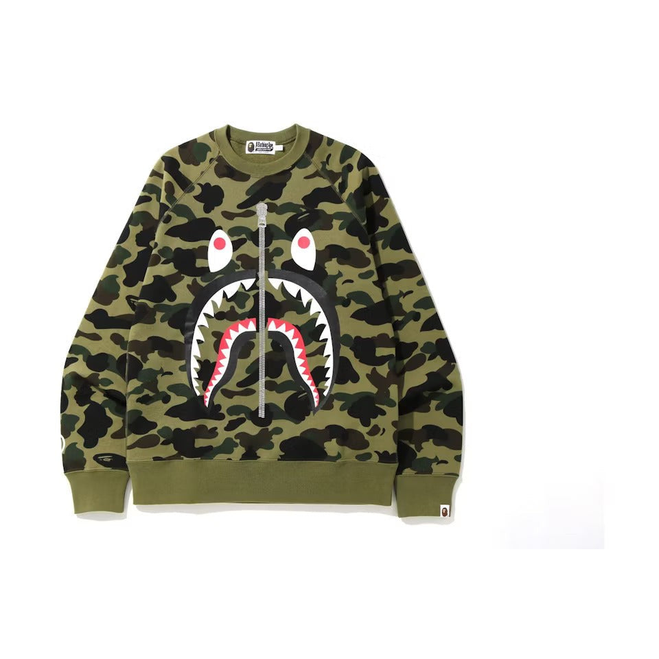 BAPE 1st Camo Printed Zip Shark Crewneck Green