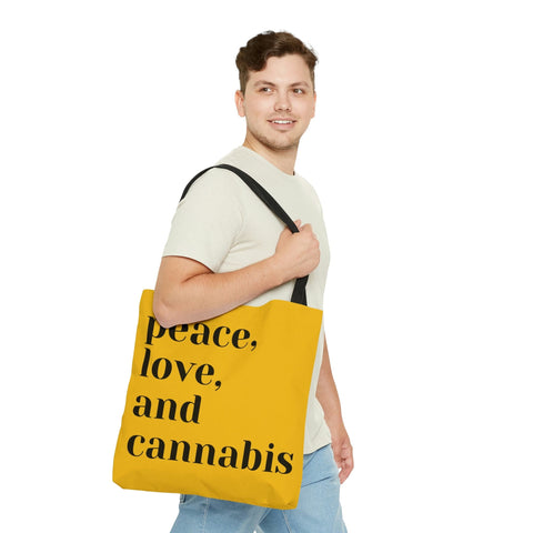 Peace, Love and Cannabis Yellow Tote Bag