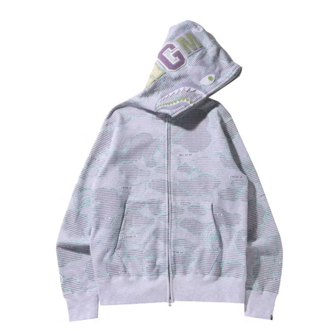 BAPE Text Code Camo Shark Full Zip Hoodie Gray