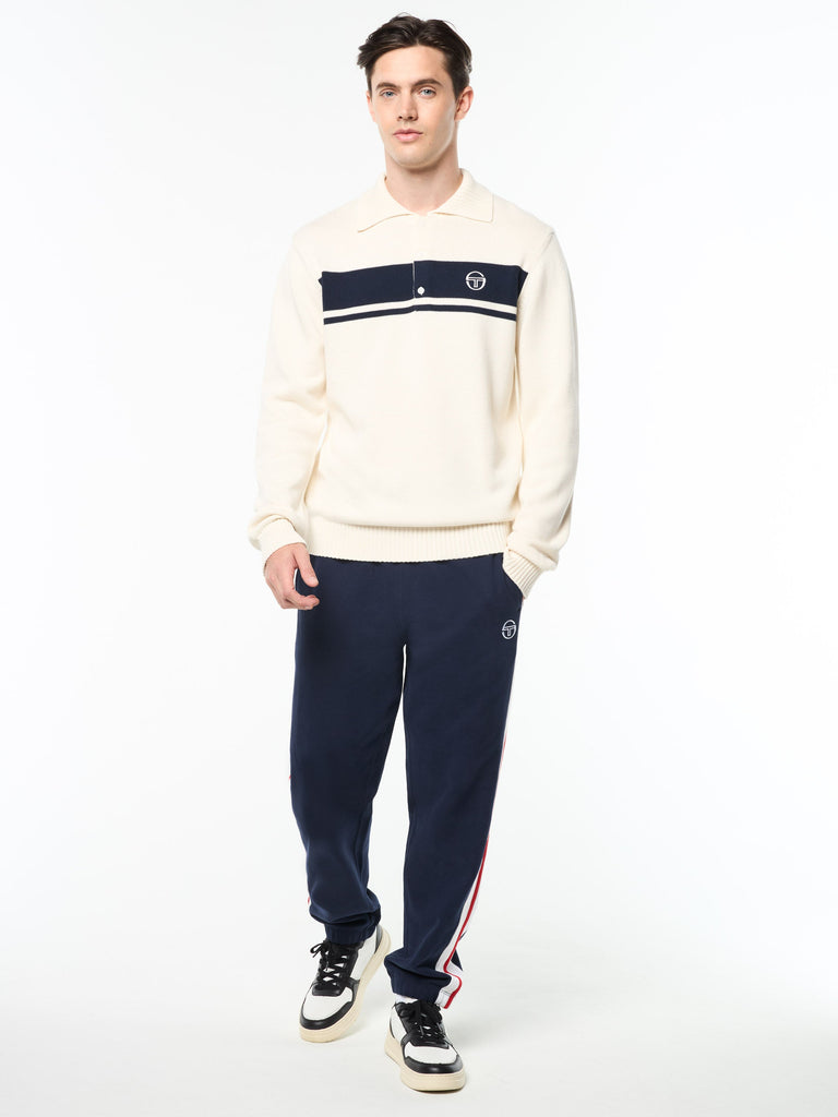 Damarindo Long Sleeve Knit Polo- Gardenia/ Maritime Blue