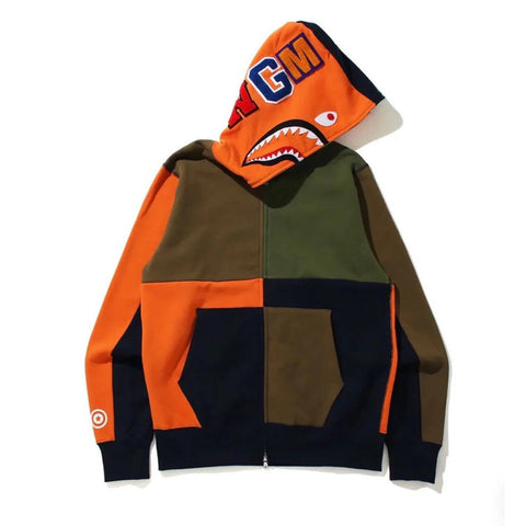 Bape Multi Color Orange Patchwork Orange Shark Full Zip Hoodie
