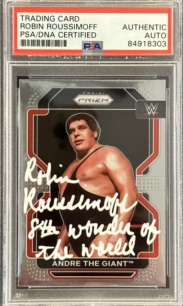 Robin Roussimoff Signed 2022 Panini Prizm WWE Andre the Giant #200 Inscribed "8th Wonder of the World" (PSA)